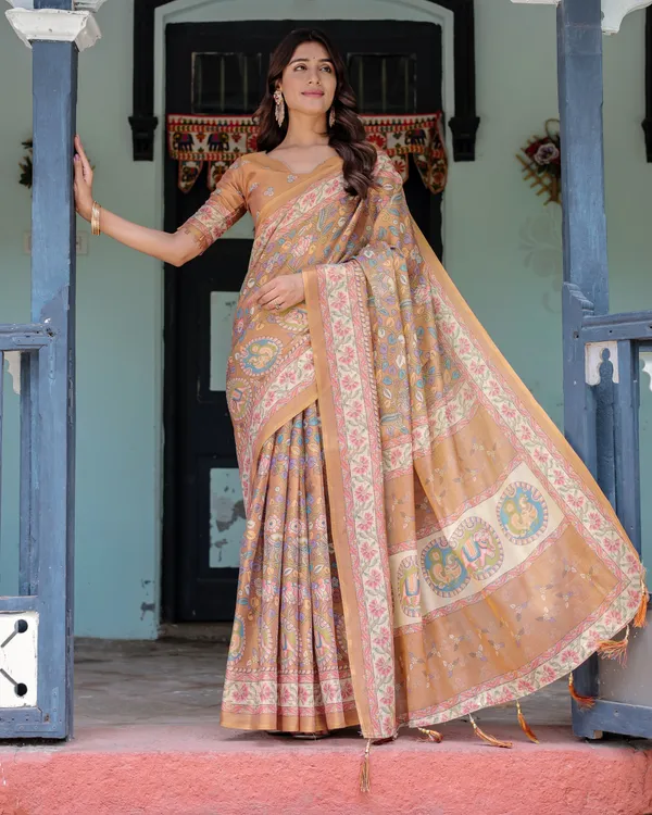 Terracotta_Peach_Cotton_Handloom_Kalamkari_Print_Saree_For_Women