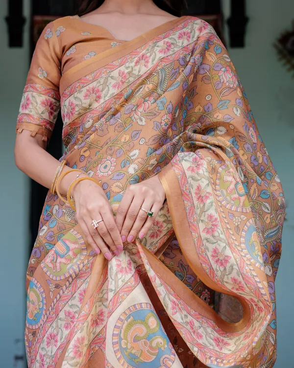 Terracotta_Peach_Cotton_Handloom_Kalamkari_Print_Saree_For_Women