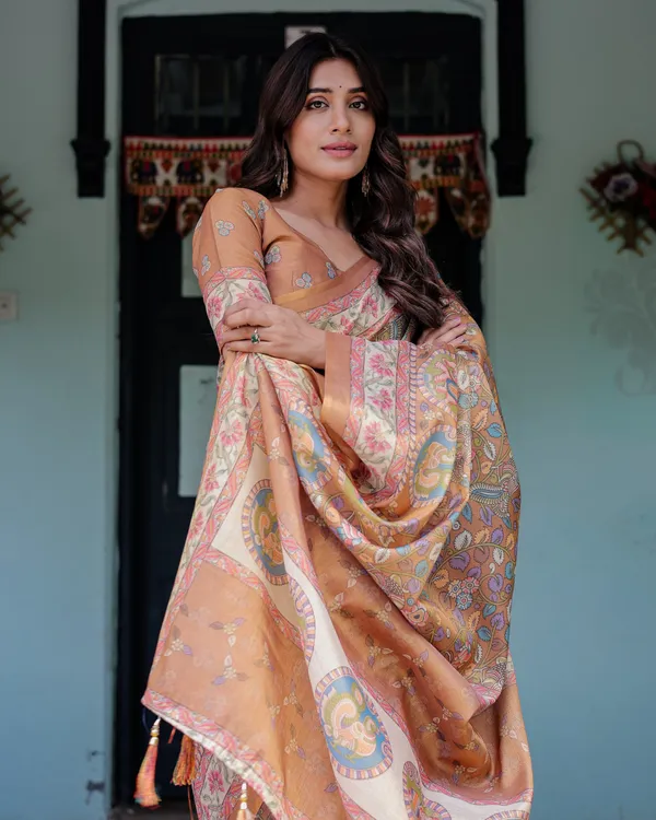 Terracotta_Peach_Cotton_Handloom_Kalamkari_Print_Saree_For_Women