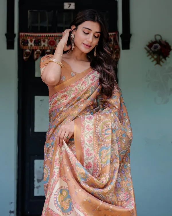 Terracotta_Peach_Cotton_Handloom_Kalamkari_Print_Saree_For_Women