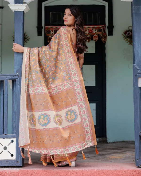 Terracotta_Peach_Cotton_Handloom_Kalamkari_Print_Saree_For_Women