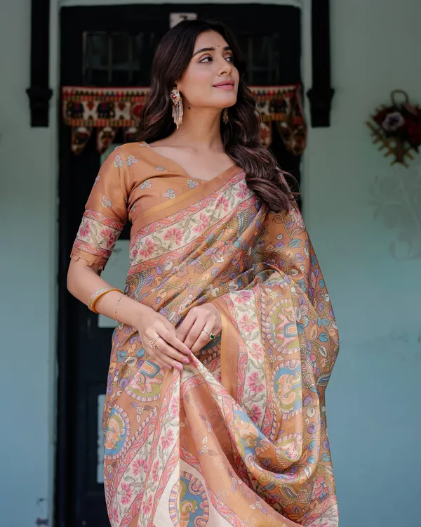 Terracotta_Peach_Cotton_Handloom_Kalamkari_Print_Saree_For_Women