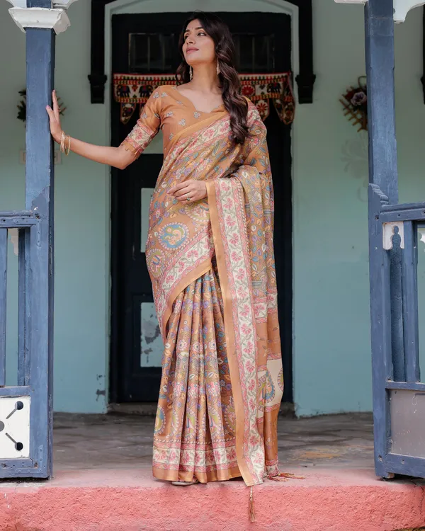 Terracotta_Peach_Cotton_Handloom_Kalamkari_Print_Saree_For_Women