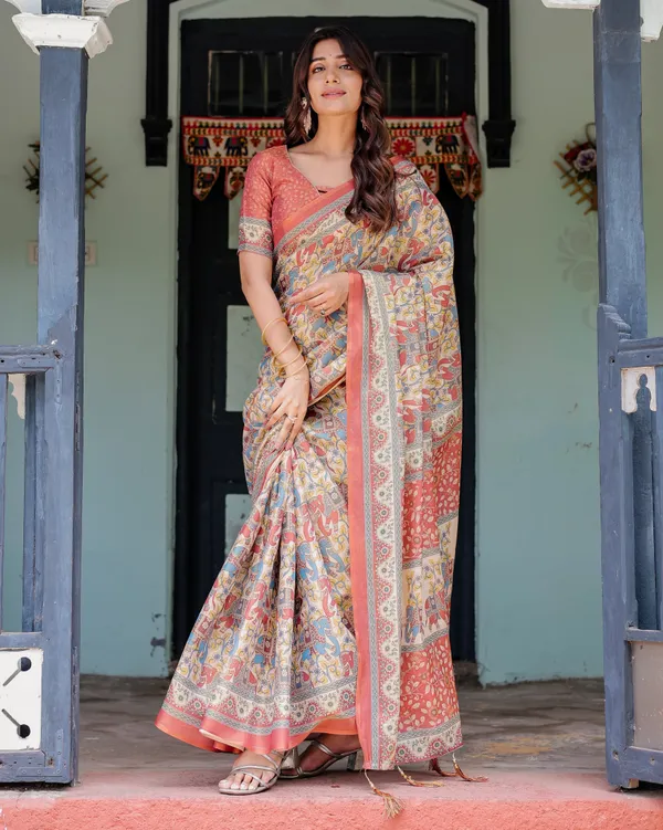 Rust_Beige_Handloom_Cotton_Saree_with_Vibrant_Elephant_Parade_Print_&_Red_Floral_Pallu