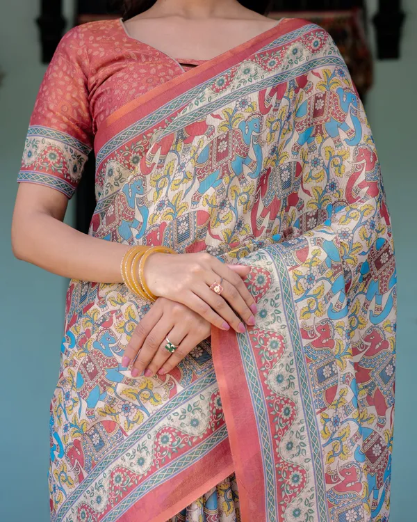 Rust_Beige_Handloom_Cotton_Saree_with_Vibrant_Elephant_Parade_Print_&_Red_Floral_Pallu