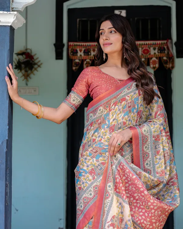 Rust_Beige_Handloom_Cotton_Saree_with_Vibrant_Elephant_Parade_Print_&_Red_Floral_Pallu