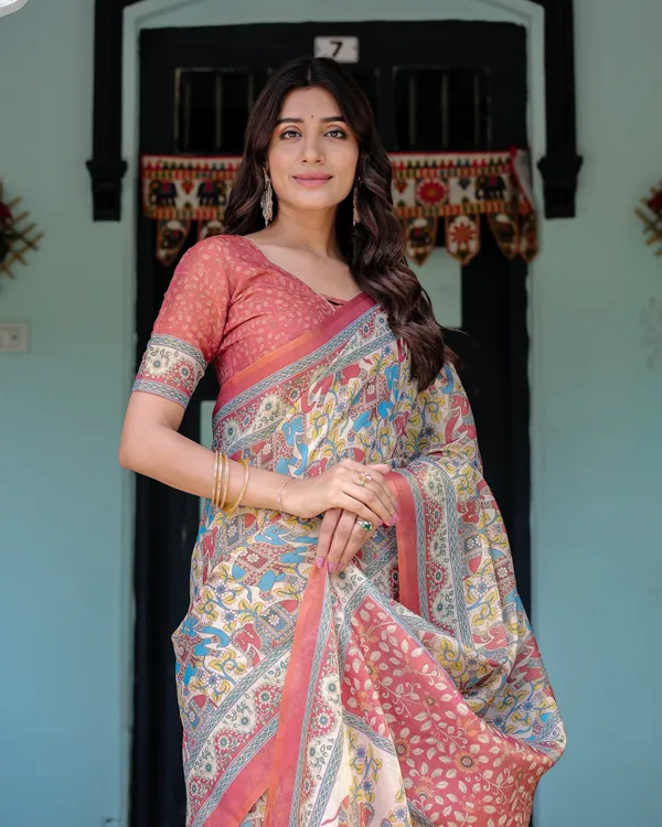 Rust_Beige_Handloom_Cotton_Saree_with_Vibrant_Elephant_Parade_Print_&_Red_Floral_Pallu