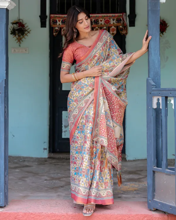 Rust_Beige_Handloom_Cotton_Saree_with_Vibrant_Elephant_Parade_Print_&_Red_Floral_Pallu