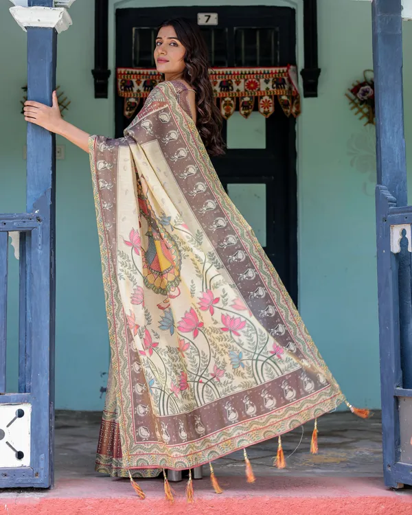 Ivory_Brown_Handloom_Cotton_Saree_with_Classical_Dancer_Motifs_&_Madhubani-Inspired_Pallu
