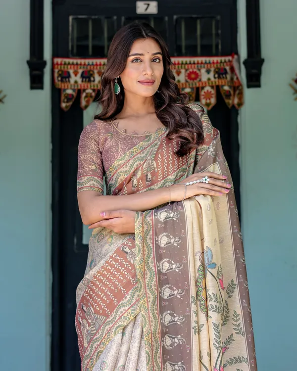 Ivory_Brown_Handloom_Cotton_Saree_with_Classical_Dancer_Motifs_&_Madhubani-Inspired_Pallu