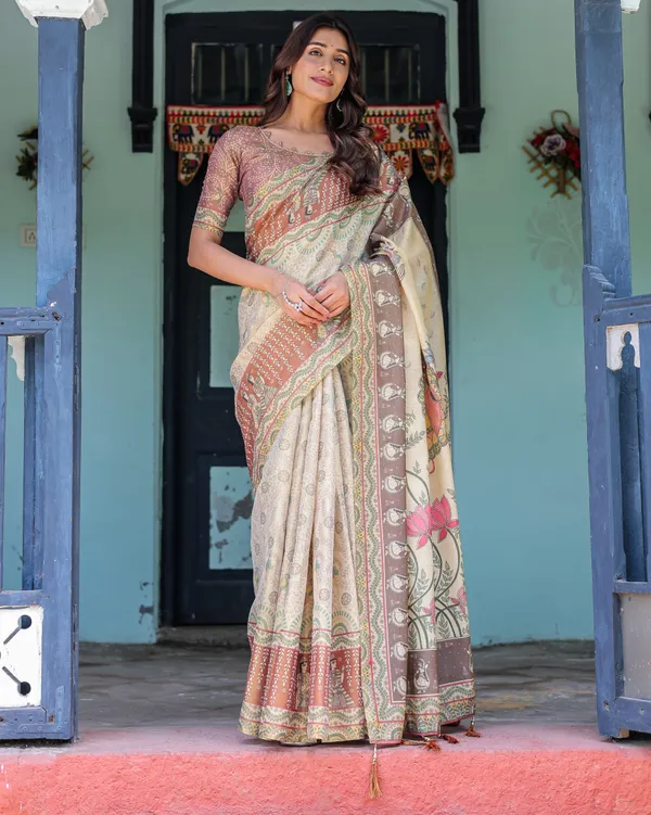 Ivory_Brown_Handloom_Cotton_Saree_with_Classical_Dancer_Motifs_&_Madhubani-Inspired_Pallu