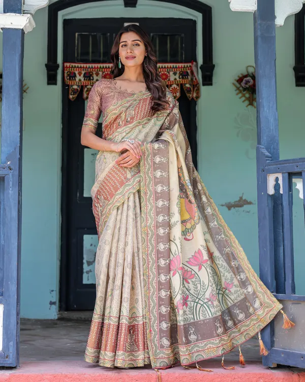 Ivory_Brown_Handloom_Cotton_Saree_with_Classical_Dancer_Motifs_&_Madhubani-Inspired_Pallu
