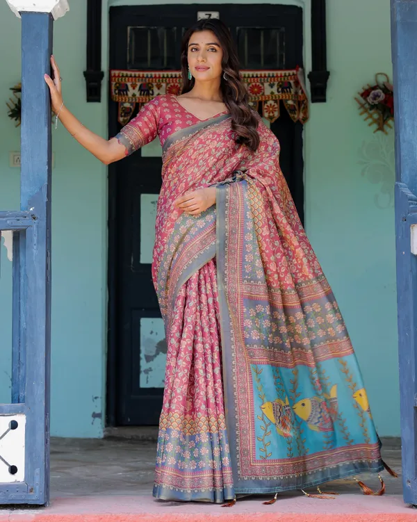 Rosewood_Red_Handloom_Cotton_Saree_with_Artistic_Fish_Pallu_&_Floral_Vine_Print