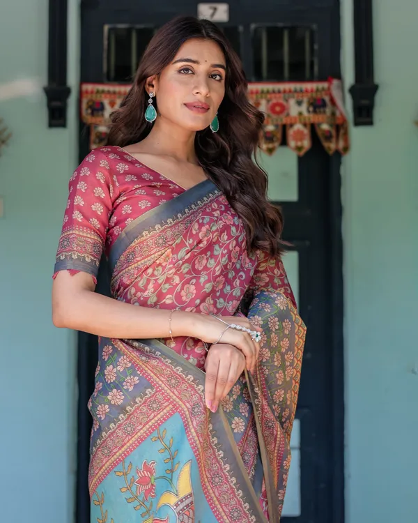 Rosewood_Red_Handloom_Cotton_Saree_with_Artistic_Fish_Pallu_&_Floral_Vine_Print