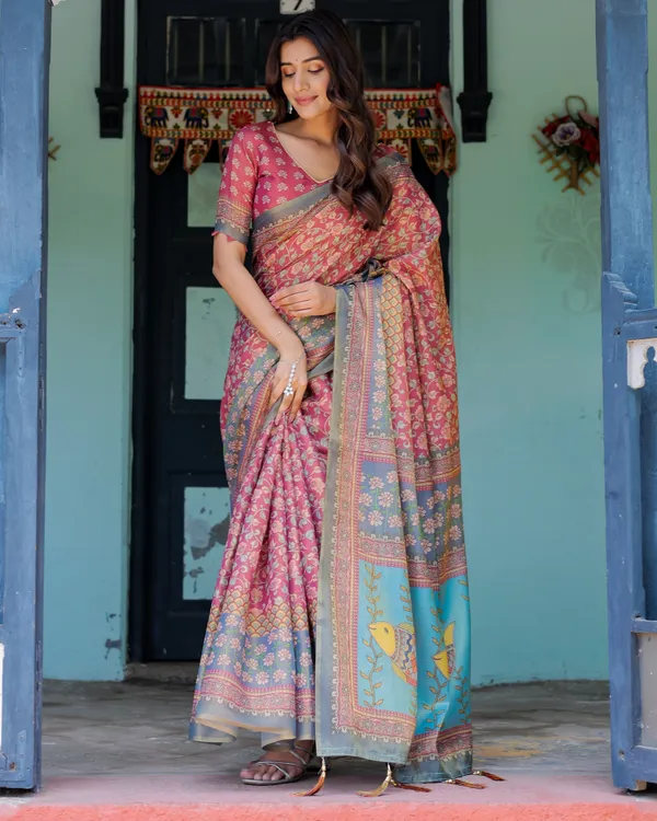 Rosewood_Red_Handloom_Cotton_Saree_with_Artistic_Fish_Pallu_&_Floral_Vine_Print