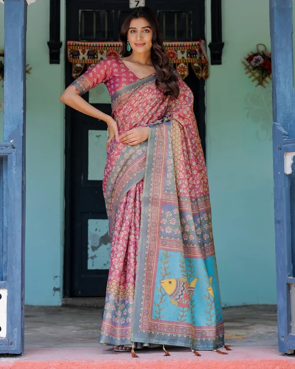 Rosewood_Red_Handloom_Cotton_Saree_with_Artistic_Fish_Pallu_&_Floral_Vine_Print