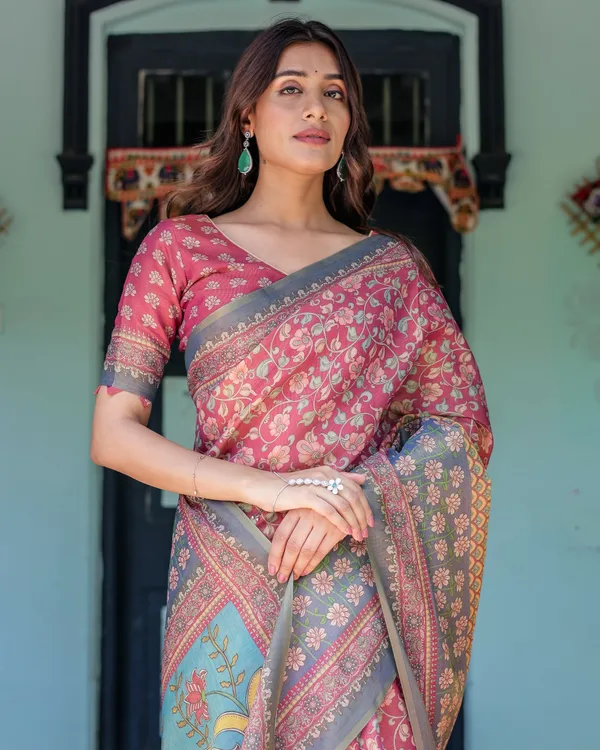 Rosewood_Red_Handloom_Cotton_Saree_with_Artistic_Fish_Pallu_&_Floral_Vine_Print