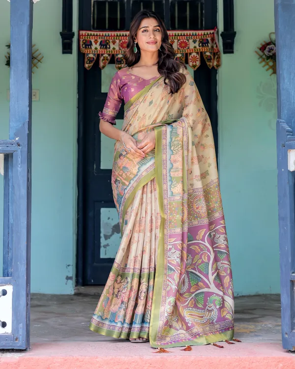 Ivory_&_Violet_Handloom_Cotton_Saree_with_Royal_Procession_&_Tree_of_Life_Pallu