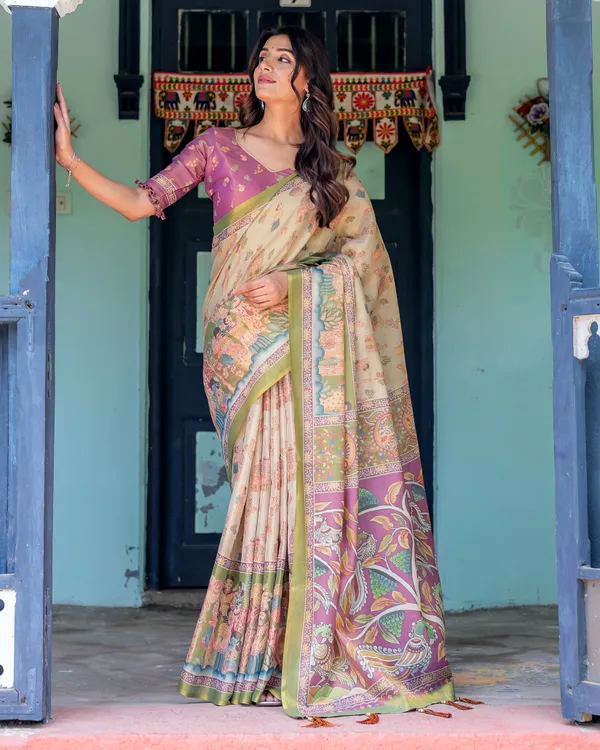 Ivory_&_Violet_Handloom_Cotton_Saree_with_Royal_Procession_&_Tree_of_Life_Pallu