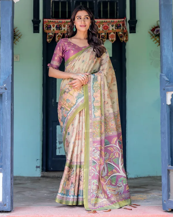 Ivory_&_Violet_Handloom_Cotton_Saree_with_Royal_Procession_&_Tree_of_Life_Pallu