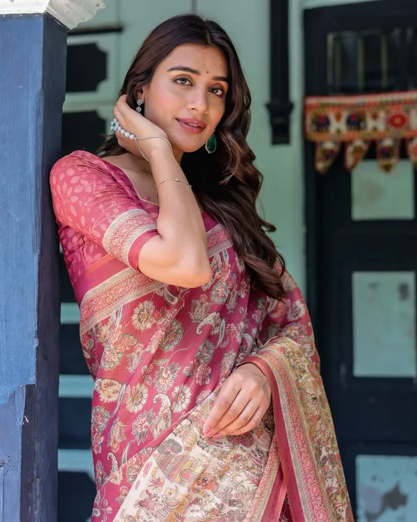 Maroon_Rose_Pink_Handloom_Cotton_Saree_with_Traditional_Procession_Print_&_Floral_Vine_Motifs