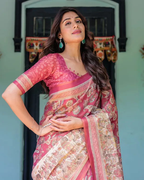 Maroon_Rose_Pink_Handloom_Cotton_Saree_with_Traditional_Procession_Print_&_Floral_Vine_Motifs