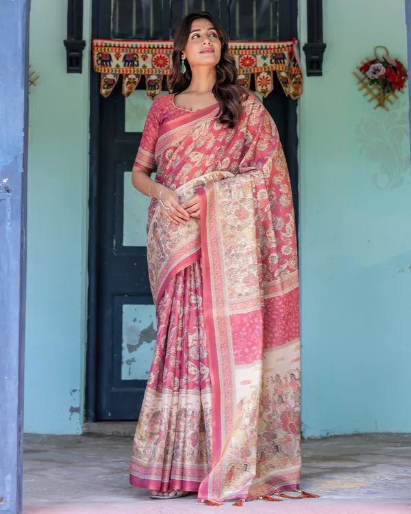 Maroon_Rose_Pink_Handloom_Cotton_Saree_with_Traditional_Procession_Print_&_Floral_Vine_Motifs