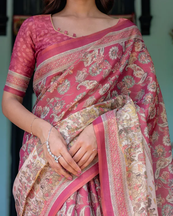 Maroon_Rose_Pink_Handloom_Cotton_Saree_with_Traditional_Procession_Print_&_Floral_Vine_Motifs