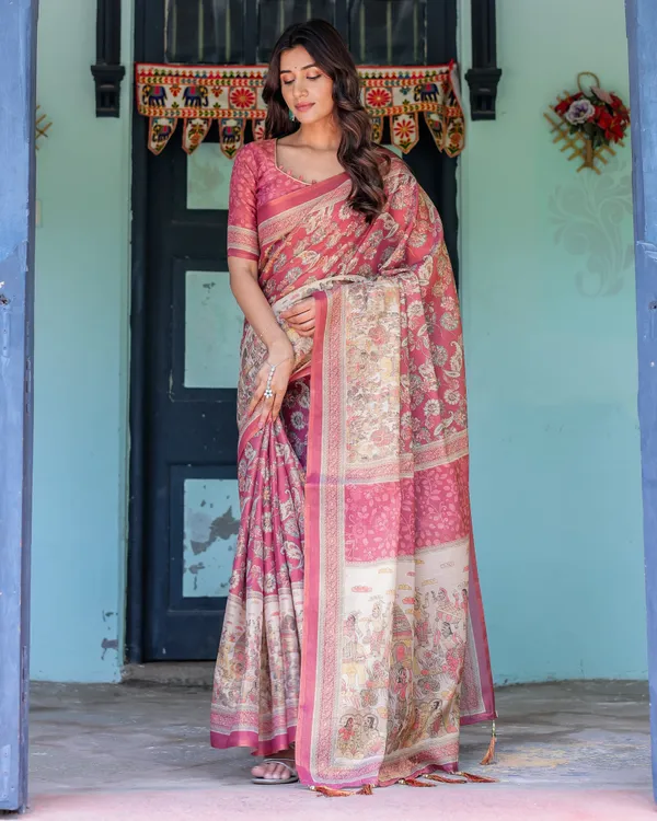 Maroon_Rose_Pink_Handloom_Cotton_Saree_with_Traditional_Procession_Print_&_Floral_Vine_Motifs