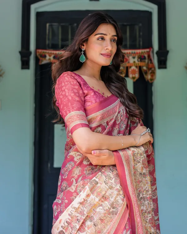 Maroon_Rose_Pink_Handloom_Cotton_Saree_with_Traditional_Procession_Print_&_Floral_Vine_Motifs