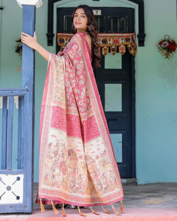Maroon_Rose_Pink_Handloom_Cotton_Saree_with_Traditional_Procession_Print_&_Floral_Vine_Motifs