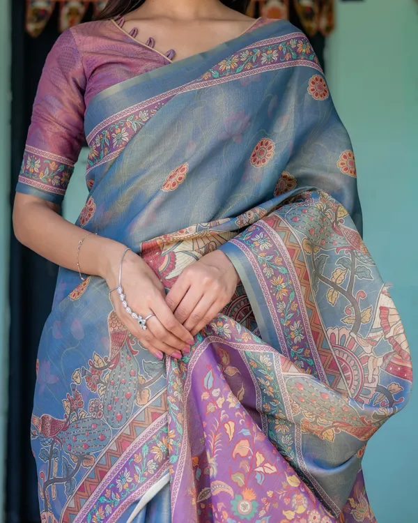 Dusky_Blue_&_Violet_Handloom_Cotton_Saree_with_Mythical_Tree_Art_&_Peacock_Detailing