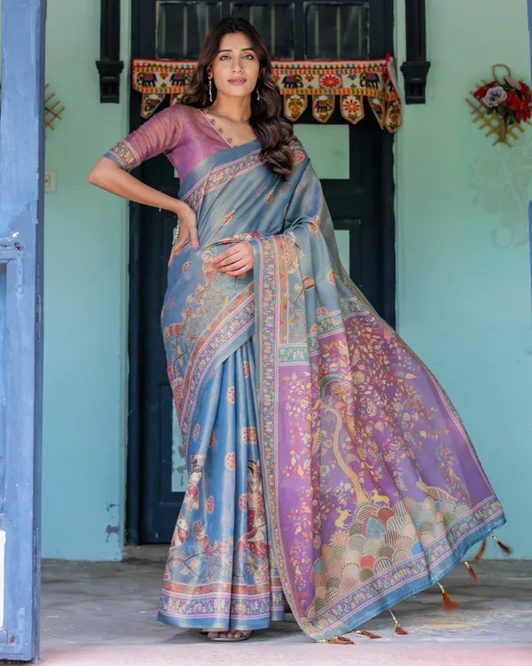 Dusky_Blue_&_Violet_Handloom_Cotton_Saree_with_Mythical_Tree_Art_&_Peacock_Detailing