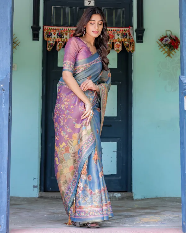 Dusky_Blue_&_Violet_Handloom_Cotton_Saree_with_Mythical_Tree_Art_&_Peacock_Detailing