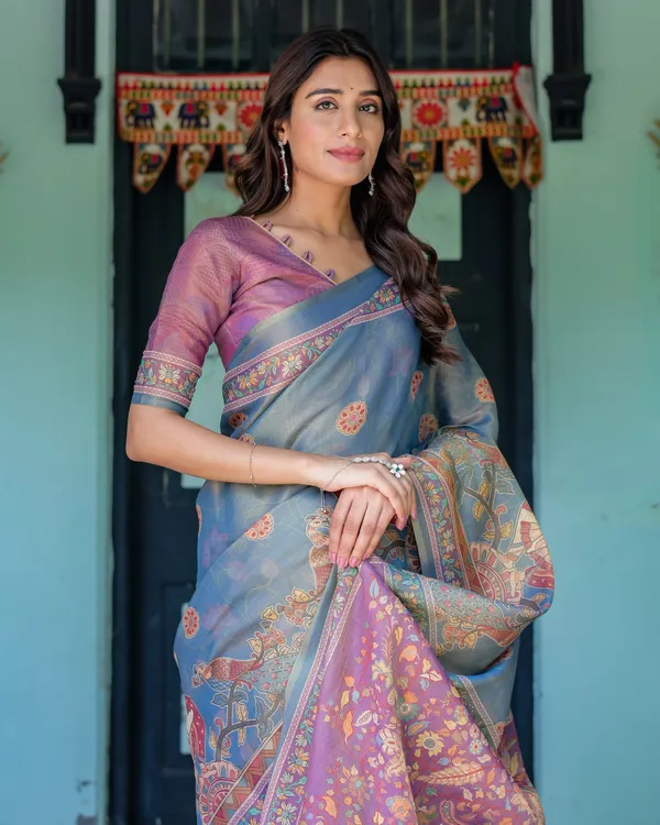 Dusky_Blue_&_Violet_Handloom_Cotton_Saree_with_Mythical_Tree_Art_&_Peacock_Detailing