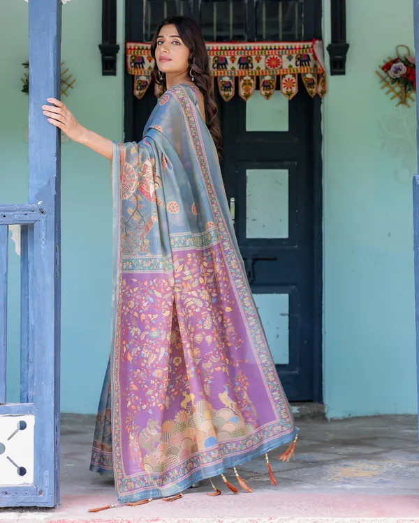 Dusky_Blue_&_Violet_Handloom_Cotton_Saree_with_Mythical_Tree_Art_&_Peacock_Detailing