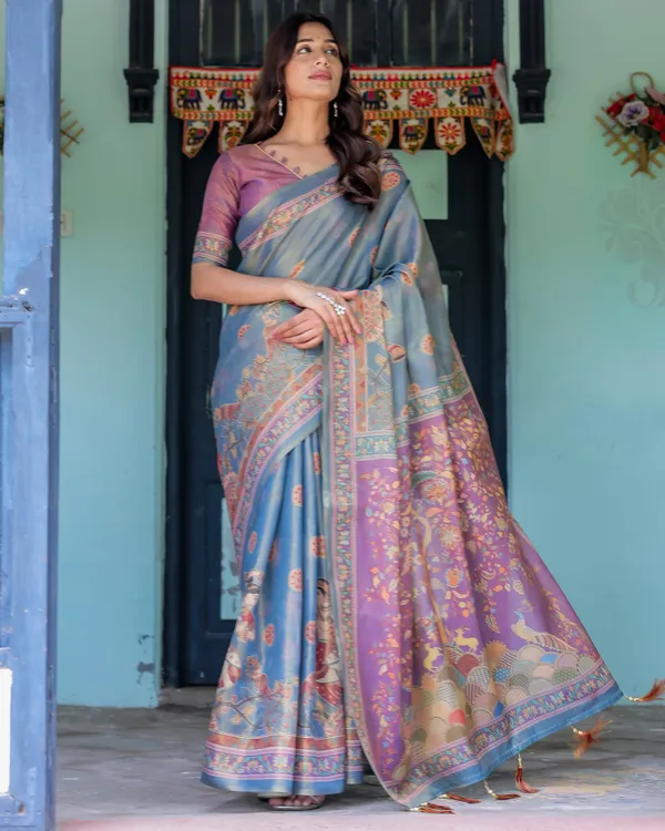 Dusky_Blue_&_Violet_Handloom_Cotton_Saree_with_Mythical_Tree_Art_&_Peacock_Detailing