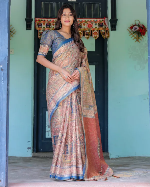Rust_&_Blue_Handloom_Cotton_Saree_with_Classical_Dancer_Motif_and_Patchwork_Digital_Print
