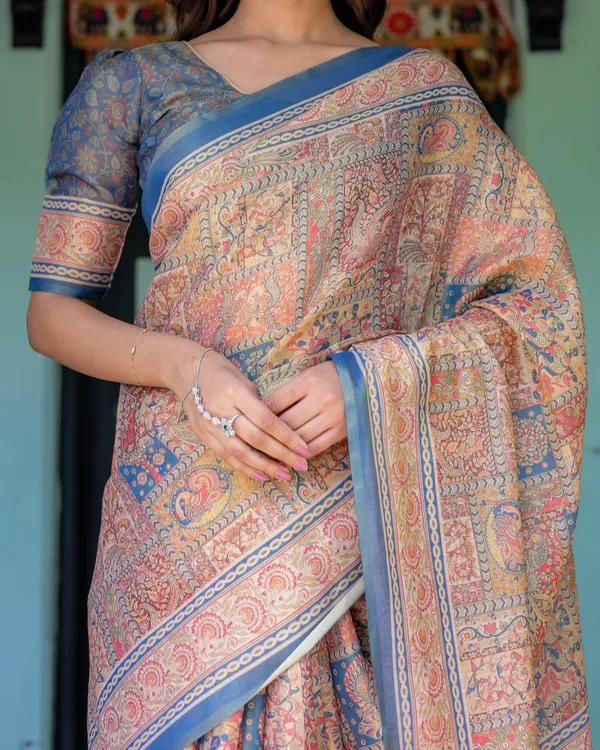 Rust_&_Blue_Handloom_Cotton_Saree_with_Classical_Dancer_Motif_and_Patchwork_Digital_Print
