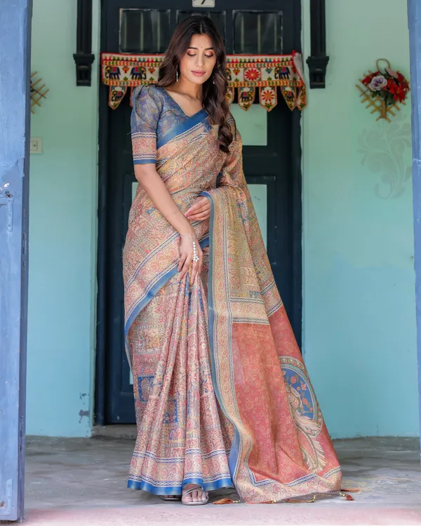 Rust_&_Blue_Handloom_Cotton_Saree_with_Classical_Dancer_Motif_and_Patchwork_Digital_Print