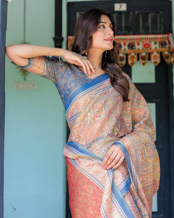 Rust_&_Blue_Handloom_Cotton_Saree_with_Classical_Dancer_Motif_and_Patchwork_Digital_Print