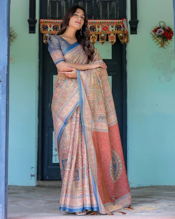 Rust_&_Blue_Handloom_Cotton_Saree_with_Classical_Dancer_Motif_and_Patchwork_Digital_Print