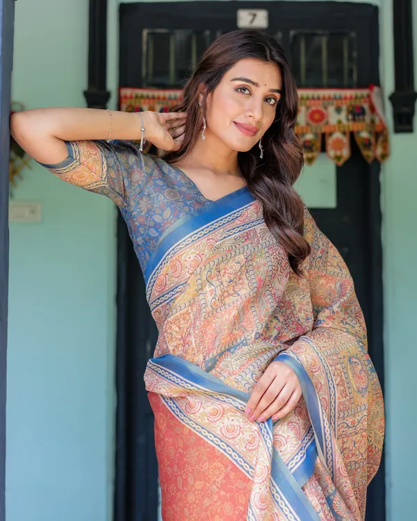 Rust_&_Blue_Handloom_Cotton_Saree_with_Classical_Dancer_Motif_and_Patchwork_Digital_Print