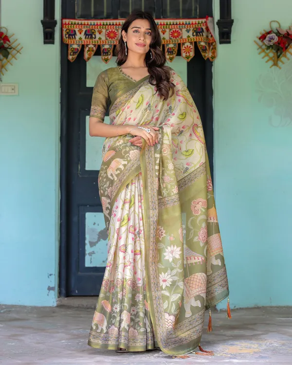 Olive_Green_&_Ivory_Handloom_Cotton_Saree_with_Lotus_Blooms_and_Royal_Elephant_Motifs