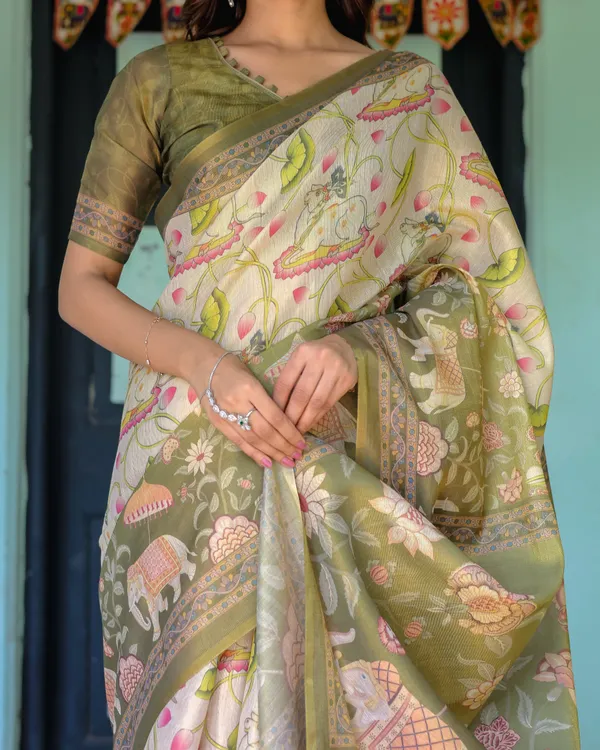 Olive_Green_&_Ivory_Handloom_Cotton_Saree_with_Lotus_Blooms_and_Royal_Elephant_Motifs