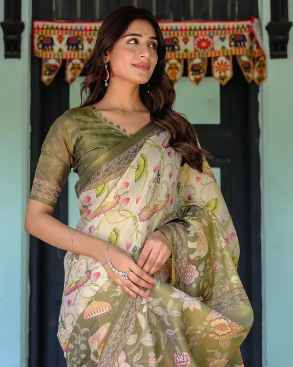 Olive_Green_&_Ivory_Handloom_Cotton_Saree_with_Lotus_Blooms_and_Royal_Elephant_Motifs