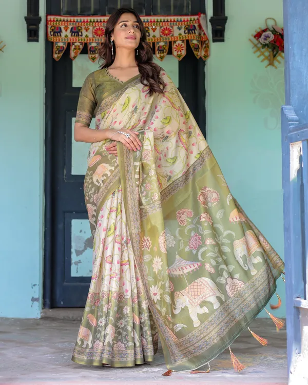 Olive_Green_&_Ivory_Handloom_Cotton_Saree_with_Lotus_Blooms_and_Royal_Elephant_Motifs