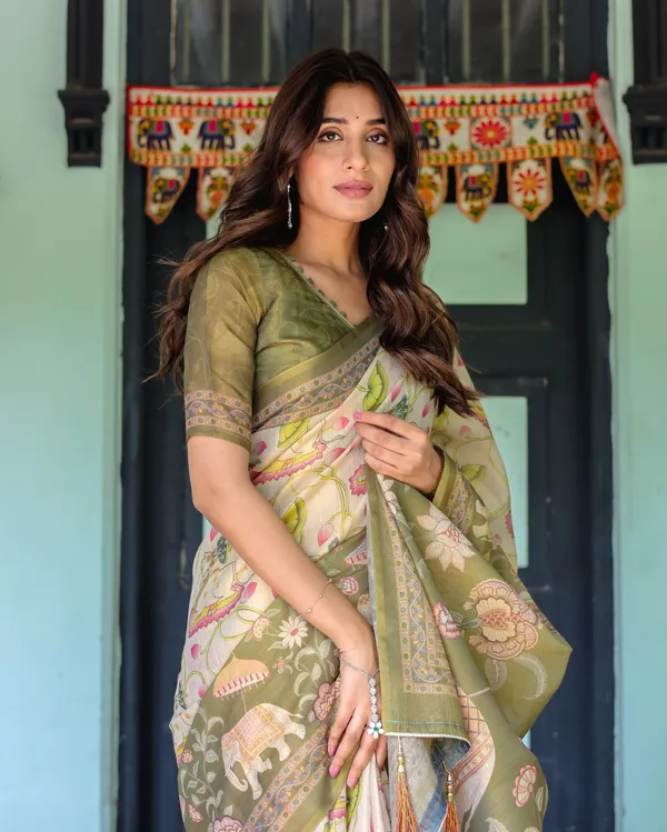 Olive_Green_&_Ivory_Handloom_Cotton_Saree_with_Lotus_Blooms_and_Royal_Elephant_Motifs