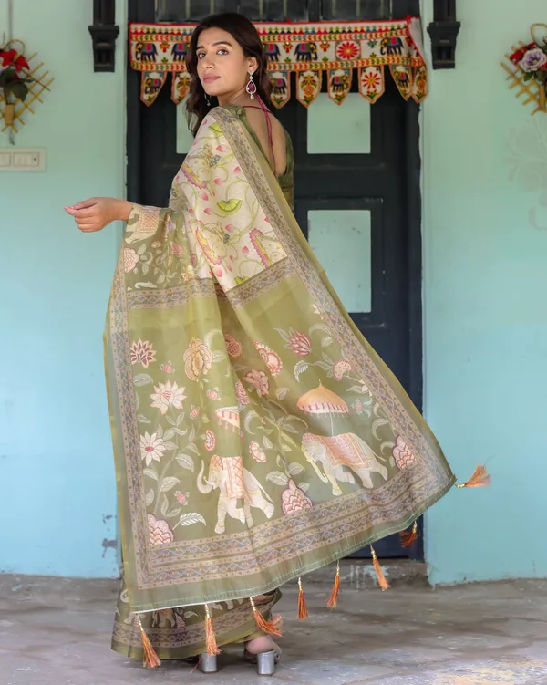 Olive_Green_&_Ivory_Handloom_Cotton_Saree_with_Lotus_Blooms_and_Royal_Elephant_Motifs