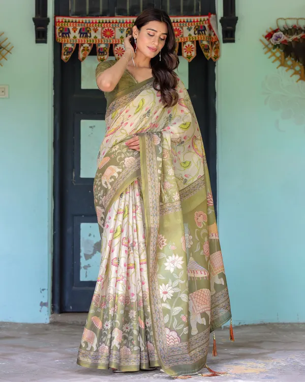 Olive_Green_&_Ivory_Handloom_Cotton_Saree_with_Lotus_Blooms_and_Royal_Elephant_Motifs